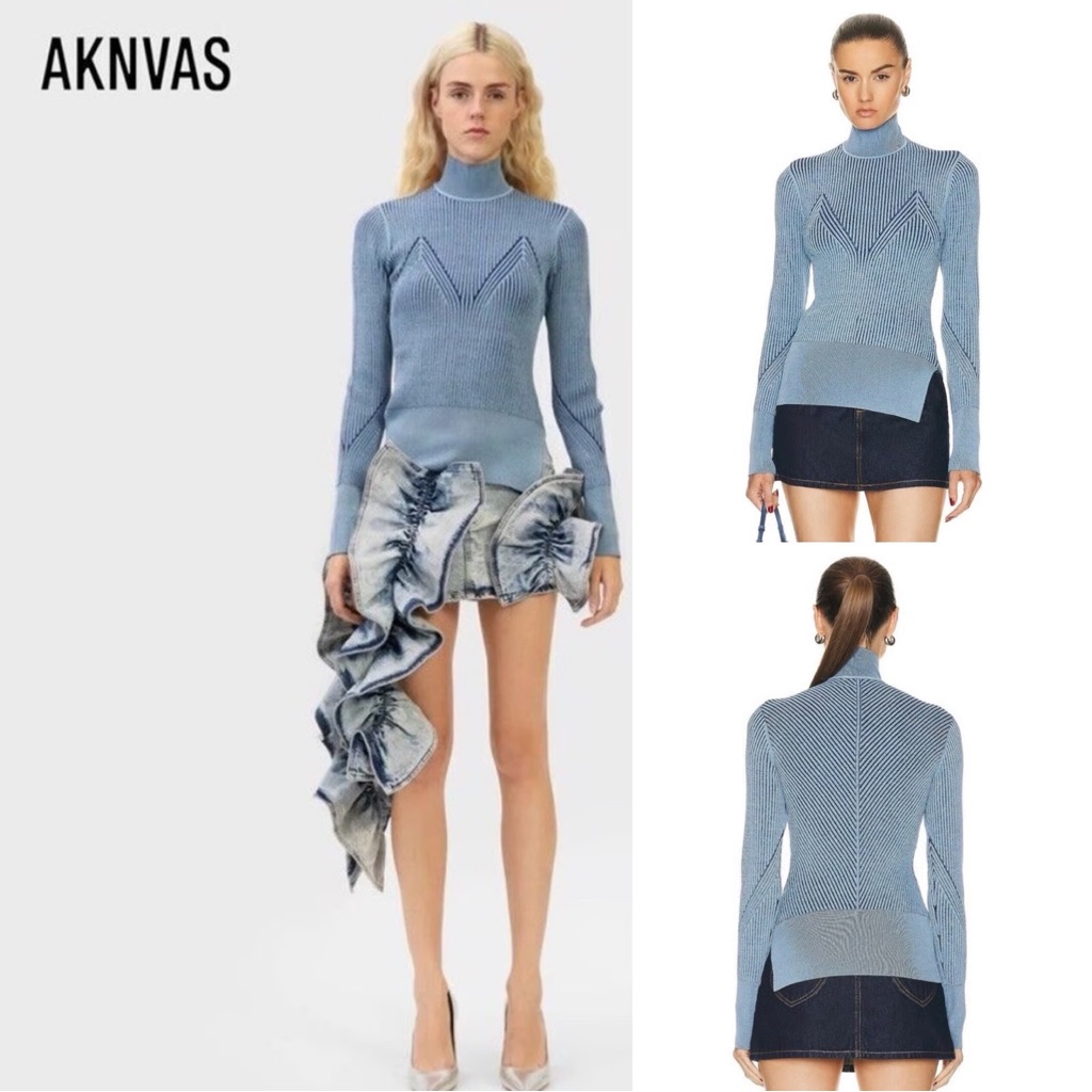 Aknvas Sz S Lennox Two Toned Stretch Knit Sweater Ribbed Knit In Sapphire New
